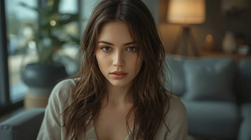 A young woman with long, wavy brown hair and natural makeup sits indoors on a sofa, looking directly at the camera. The background is softly blurred with warm lighting and a lamp.