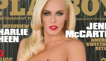 Close up of Jenny McCarthy wearing makeup on the cover of Playboy magazine.
