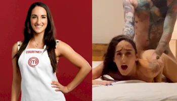 Two panels. In the first a smiling brunette woman wears a white apron against a red background. In the second the same woman is naked, face down on a bed with her mouth open as a man has sex with her from behind.