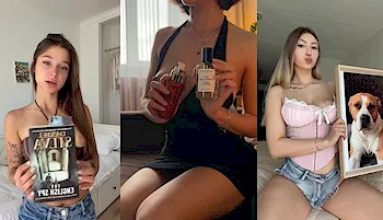 Three women appear in separate panels. The first holds a book, the second displays perfume bottles, and the third wears a corset top and holds a framed photo of a dog. Each poses indoors.