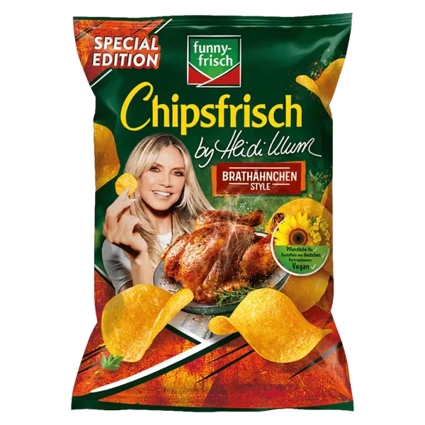 A bag of funny-frisch Chipsfrisch by Heidi Klum chips, featuring an image of Heidi Klum, crispy chips, and a roast chicken, labeled Brathähnchen Style and Special Edition.
