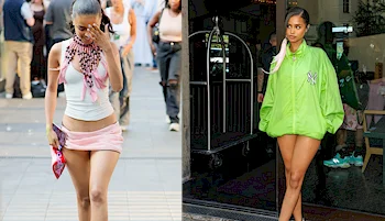 The same woman seen walking outside, wearing fashionable outfits; one is a pink mini skirt and halter top, the other a neon green oversized jacket.