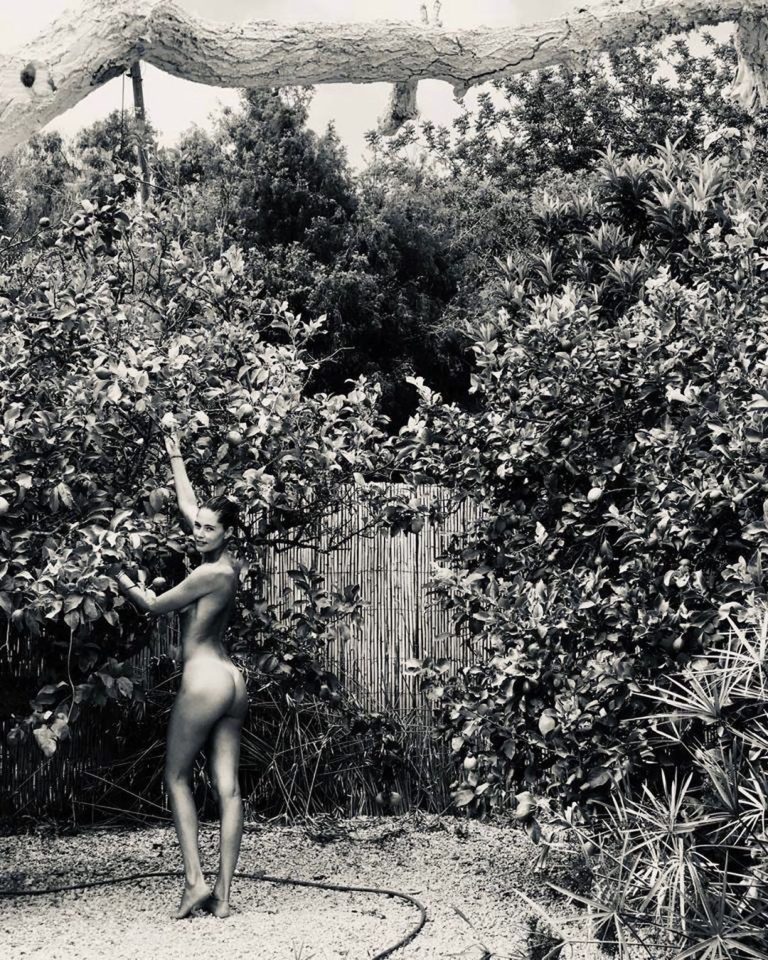 A black and white photo of a nude woman standing outdoors among leafy branches, looking over her shoulder toward the camera. There is a bamboo fence in the background.