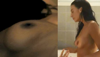 Two panels. Close up of a bare breast and a topless woman sitting in a bath tub.
