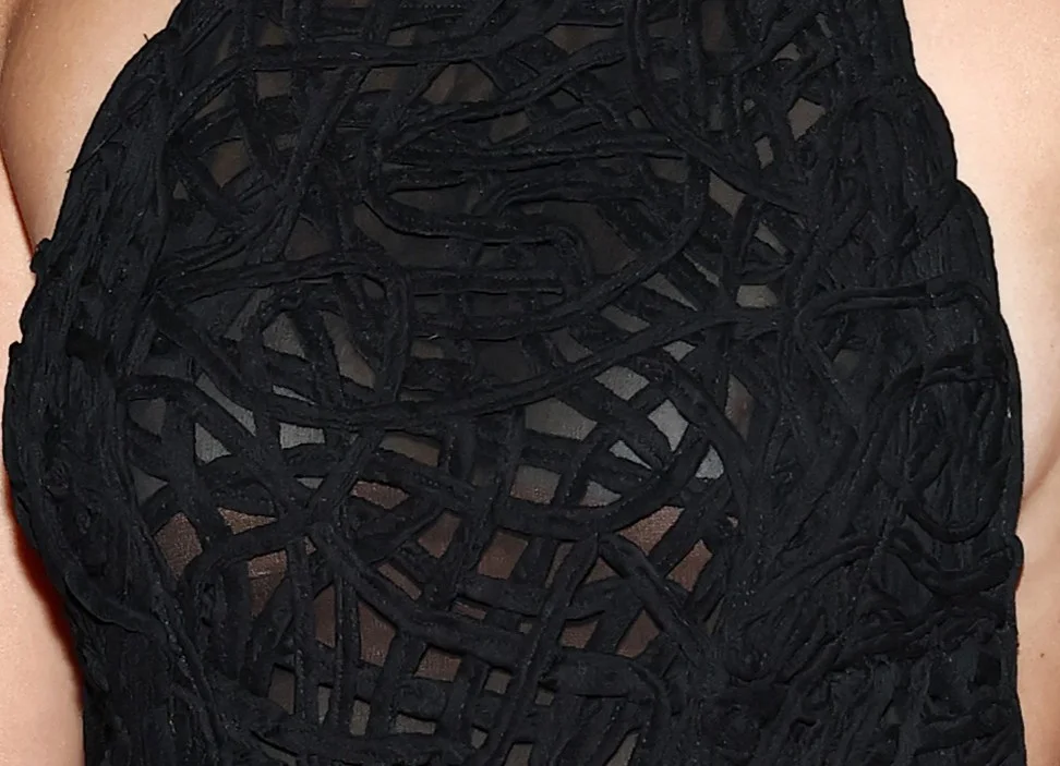 JessicaHenwickNipEverybodyWantsToFuckMe26TIFFPic2 Close-up of a black, intricately woven or knotted fabric with a sheer layer underneath, revealing some skin beneath the pattern. The edges of two arms are visible on either side.