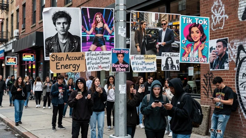 People walk past posters of influencers and social media icons on a city street; many are looking at their phones. The posters feature hashtags like #FandomTakeover, #ViralMoment, and phrases like Stan Account Energy.