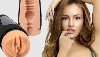 A woman poses with her hand near her mouth next to a realistic sex toy and a cutaway view showing its textured interior.