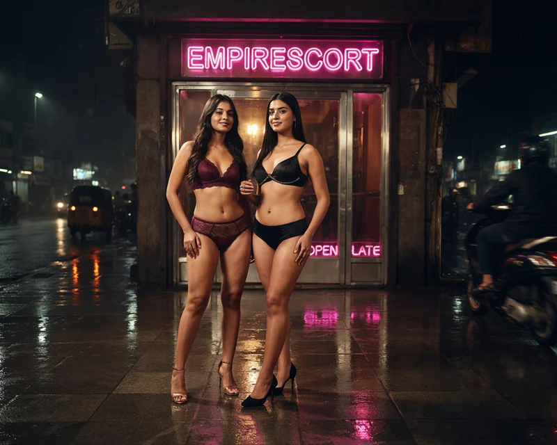 Two women in lingerie and high heels stand confidently on a wet city street at night, in front of a shop with a bright pink neon sign that reads EMPIRESCORT. Traffic and lights are visible in the background.