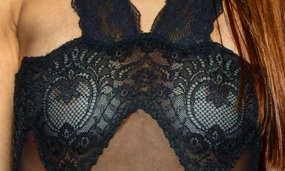 AmeliaGrayHamlinSeeThroughREVOLVELaunchParisPic2 Close-up of a black lace bodysuit with a cut-out neckline.