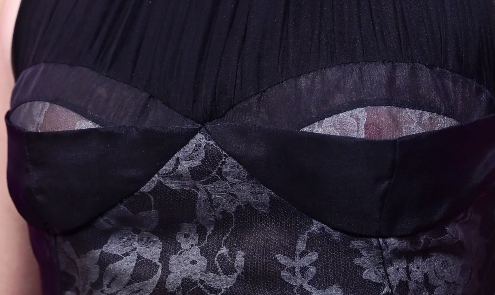 EllieBamberSeeThroughTheFaceOfHorrorPic2 Close up of a woman's chest, wearing a black semi-sheer dress. Her nipples are showing.