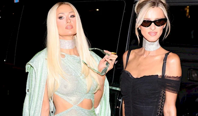 Paris Hilton and Nicky Hilton standing together, both wearing sparkling chokers.
