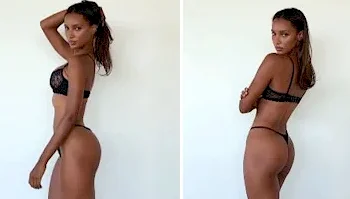 Split screen image of a black woman posing in black underwear against a plain background.