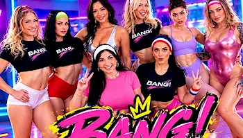 A group of eight women in athletic apparel posing in front of a neon-lit BANG! sign.