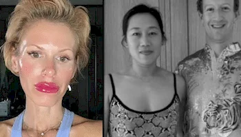 A woman looking at the camera on the left and a black-and-white photo of Priscilla Chan and Mark Zuckerberg on the right.