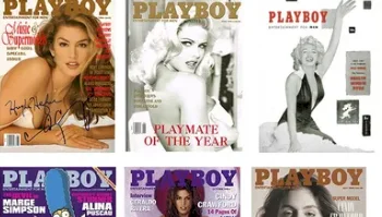 A collage of six Playboy magazine covers featuring various models, including Cindy Crawford and Marilyn Monroe.